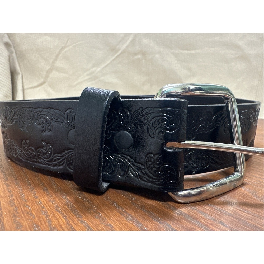 Vtg Made in USA Top Grain Cowhide Black Tooled Leather Belt Sz 36 Western Style